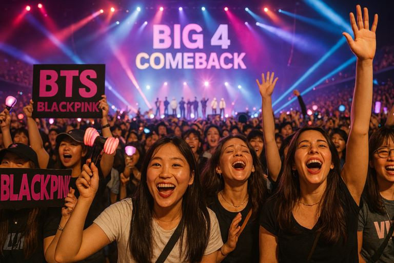 BIG 4 COMEBACK concert scene with cheering fans holding BTS and BLACKPINK signs and light sticks in front of a brightly lit stage.