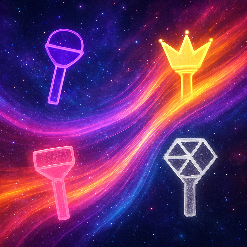 Cheering fans holding BTS and BLACKPINK signs and light sticks in front of a brightly lit stage.