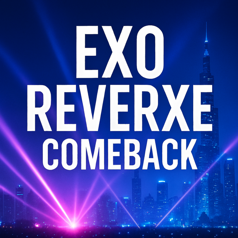 "A dynamic thumbnail featuring EXO REVERXE Comeback with concert stage lights and futuristic city skyline in the background. Bold overlay text reads ‘EXO REVERXE Comeback’."