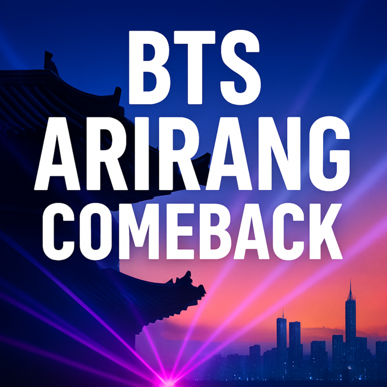 A promotional thumbnail for BTS ARIRANG Comeback featuring bold white text over a backdrop of traditional Korean hanok roof silhouette and modern city skyline