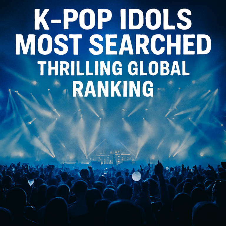 K-pop concert stage with dramatic lighting and cheering crowd, representing global idol search trends in 2026