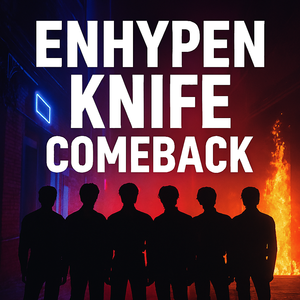 A dramatic thumbnail featuring ENHYPEN Knife Comeback with neon-lit alleyway and fire-lit stage. Silhouettes of vampire-themed idols stand in formation. Bold overlay text reads ‘ENHYPEN Knife Comeback’.