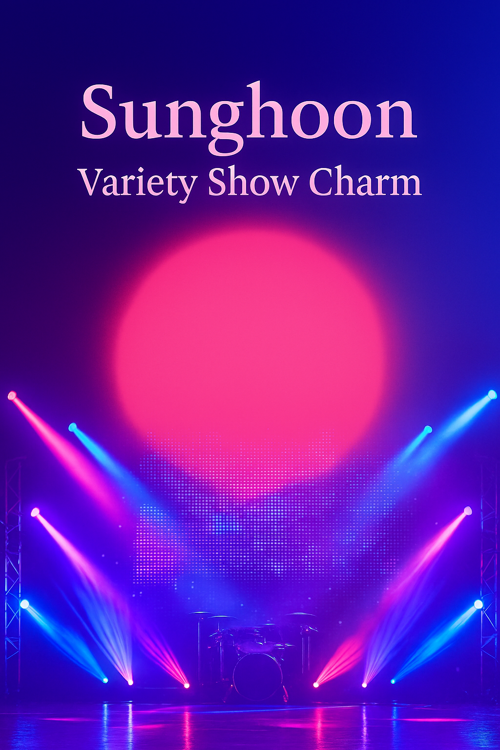 ENHYPEN Sunghoon thumbnail featuring a vibrant variety show stage with pink and blue spotlight, highlighting charm and fan connection. (Imgae Credit / Kpopbreaking.com)