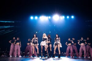 Blackpink members on a stage in a Hong Kong concert in January, 2026.
