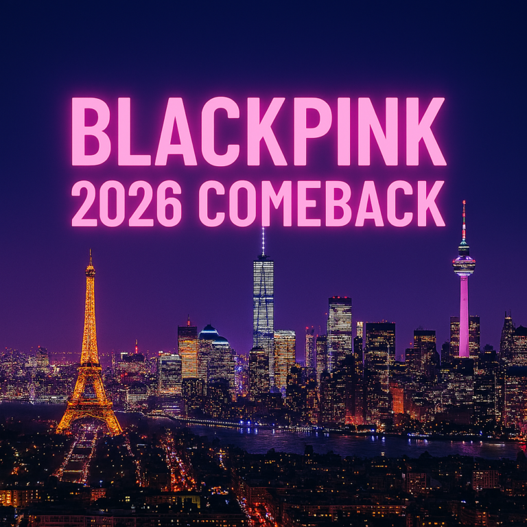 BLACKPINK 2026 comeback thumbnail featuring New York, Seoul, and Paris skylines illuminated with pink and black neon lights, symbolizing global excitement and fan anticipation. (Image Credit: Kpopbreaking.com