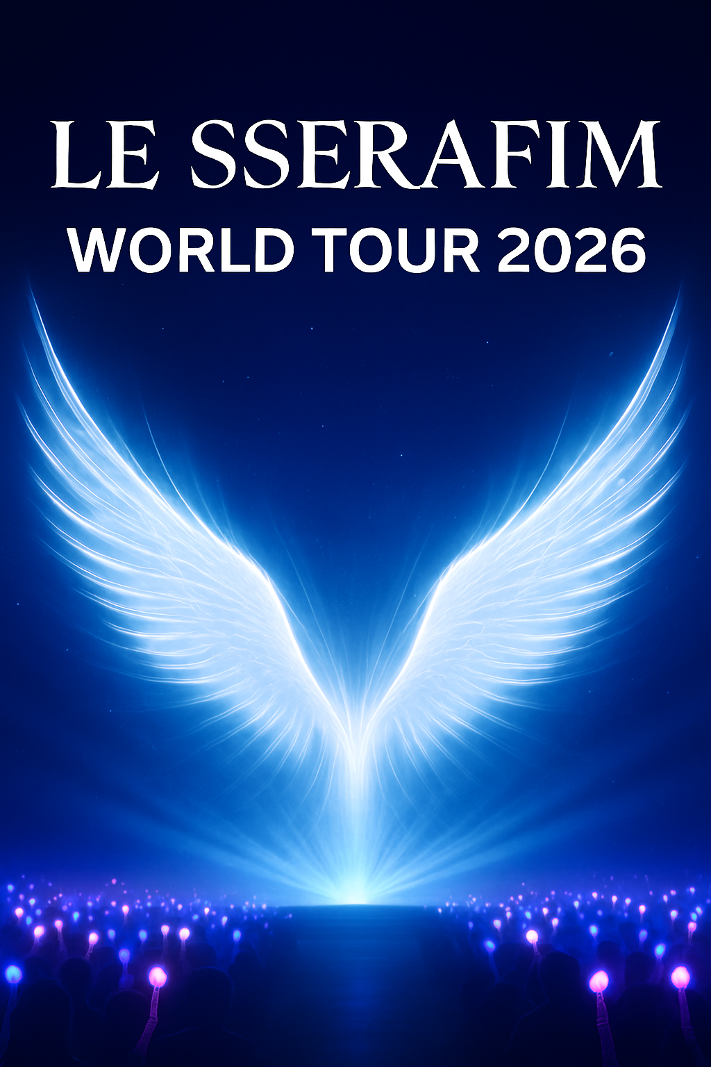 LE SSERAFIM World Tour 2026 thumbnail with radiant angelic wings of light, symbolizing freedom and empowerment.
