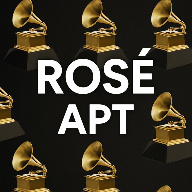 Digital graphic featuring multiple Grammy Award trophies on a black background with bold white text reading “Rosé APT” centered in the image.