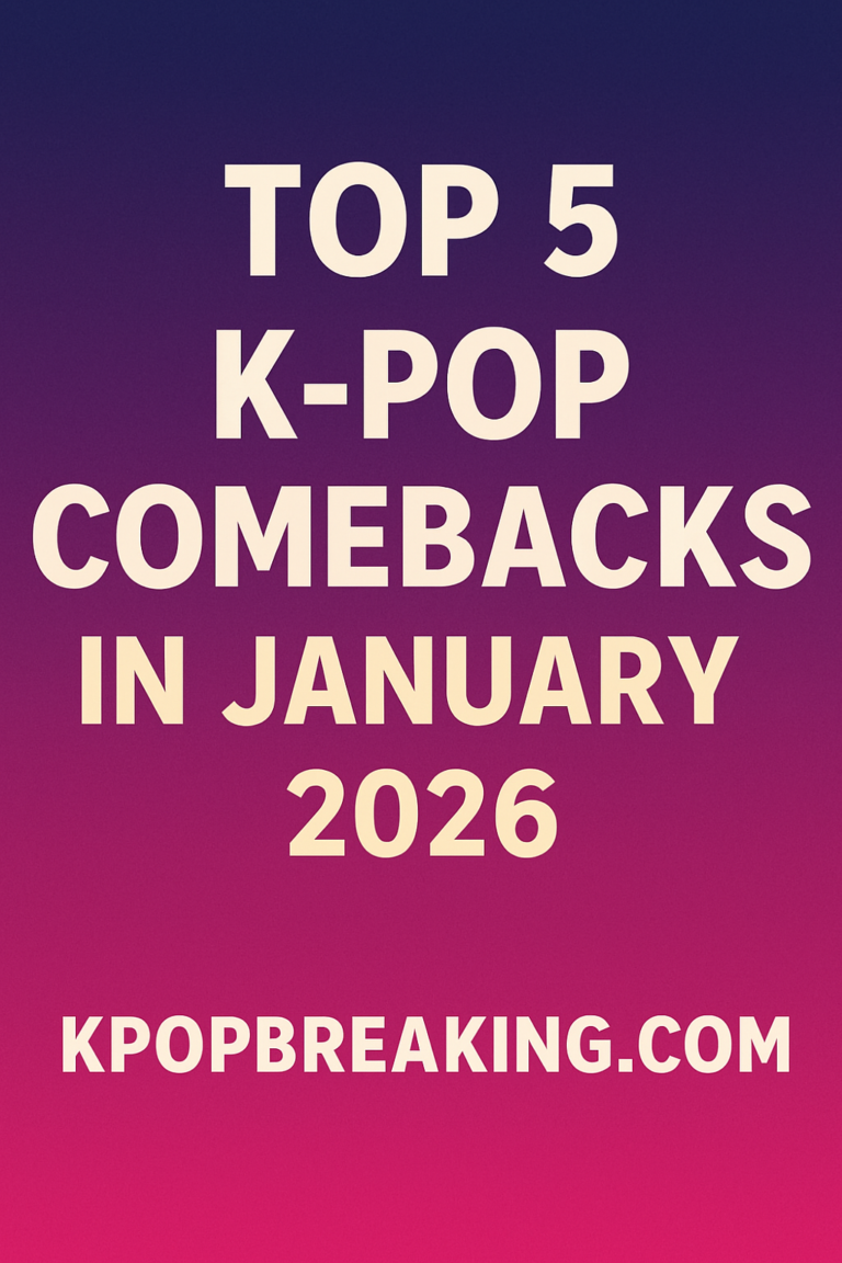 Top 5 K-pop comebacks in January 2026 thumbnail with bold modern typography on vibrant purple-magenta gradient background