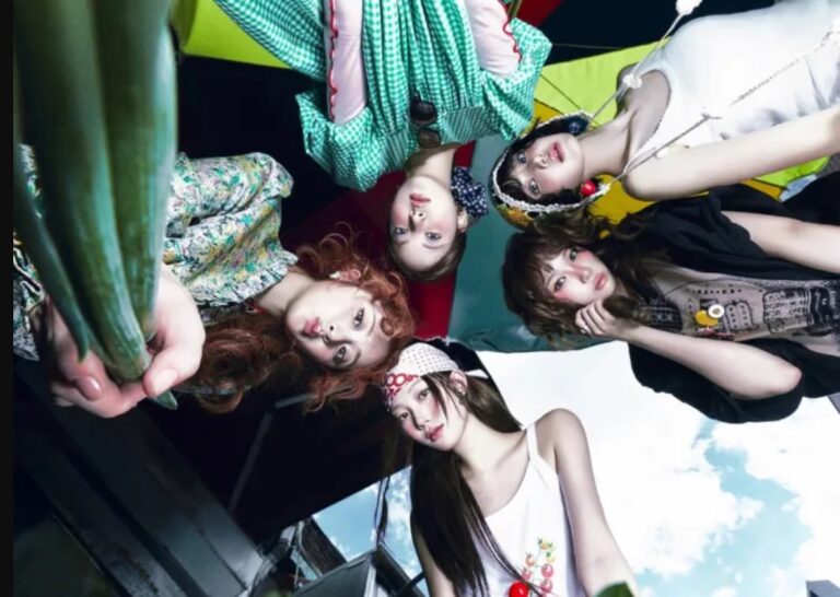 Five K-pop idols in eclectic outfits posing in a circle from below with bright sky background”