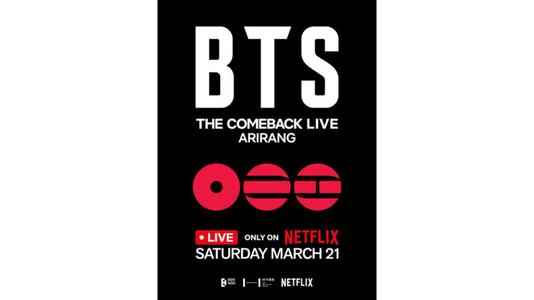 Promotional poster for BTS’s 2026 comeback concert titled “THE COMEBACK LIVE ARIRANG,” featuring bold white and red text on a black background, with Netflix, BigHit Music, and HYBE logos.