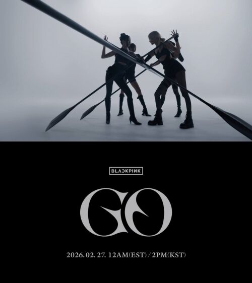 BLACKPINK GO teaser poster with four members holding oars in dramatic lighting, release date Feb 27, 2026 shown below ✨ Caption BLACKPINK unveils GO teaser, cosmic comeback set for Feb 27, 2026.