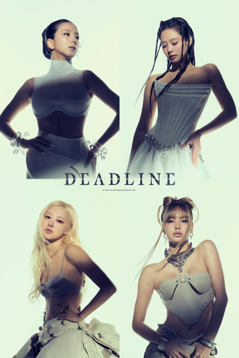 LACKPINK members appear in a futuristic promotional poster for the mini album DEADLINE. Styled in avant-garde metallic and translucent outfits, the four women are arranged in a grid formation against a pale background. The bold typography “DEADLINE” is displayed prominently in the center, emphasizing the album’s title and concept.