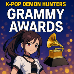 Anime-style character from KPop Demon Hunters standing beside a Grammy trophy, with bold text "GRAMMY AWARDS" on a vibrant blue and gold background.