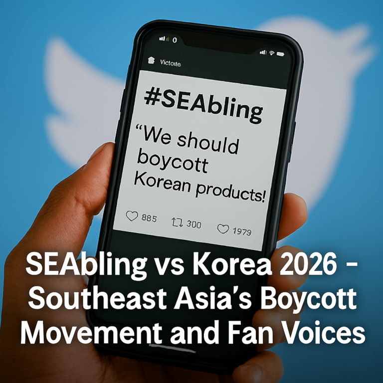 Smartphone showing a viral tweet with the hashtag #SEAbling calling for a boycott of Korean products, against a blurred Twitter logo background