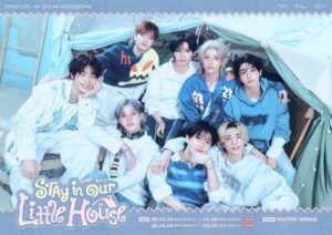 “Official poster for Stray Kids 6th Fanmeeting ‘Stay in Our Little House.’ All eight members are seated together in a cozy, tent‑like setting with soft lighting and pastel tones, creating a warm and inviting atmosphere. The event details at the bottom list the dates (March 28–29 and April 4–5, 2026) and venue (Inspire Arena, Incheon).”