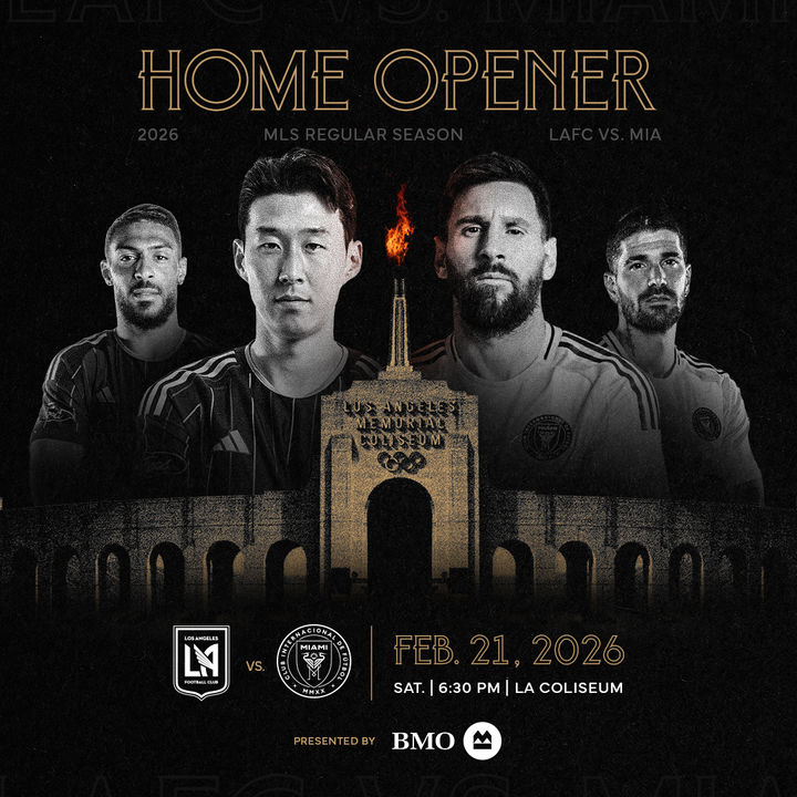 Promotional poster for the 2026 MLS regular season home opener between LAFC and Inter Miami, featuring four players and the Los Angeles Memorial Coliseum in the background. Match details including date, time, and venue are prominently displayed.