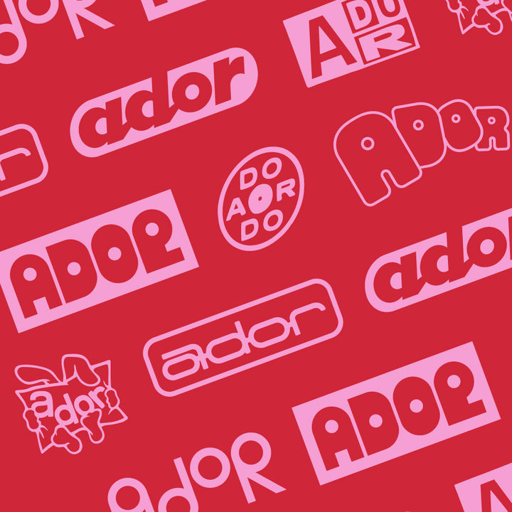 ADOR brand logo variations on red background, showcasing flexible and creative identity designs with different fonts and styles.