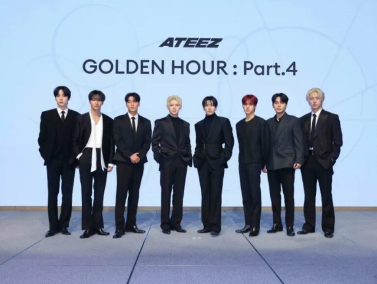 Ateez poses in a press conference.