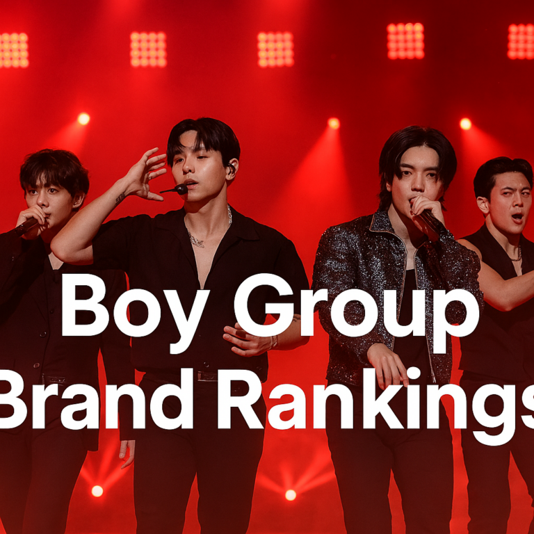 K-pop boy group members performing on stage with dramatic red lighting and bold text overlay reading ‘Boy Group Brand Rankings