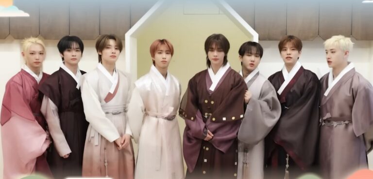 Stray Kids in hanbok offer Lunar New Year greetings.