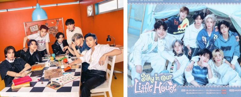 This is a combo picture of BTS and Stray Kids.