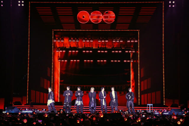 BTS members standing on stage at Gwanghwamun, central Seoul, on March 21.