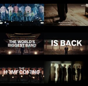 BTS Arirang Album Release teaser collage showing members performing, walking in Korean palaces, and silhouetted with “The Homecoming. BTS unveils the Arirang teaser video, blending concert energy with Korean heritage to highlight their powerful comeback.