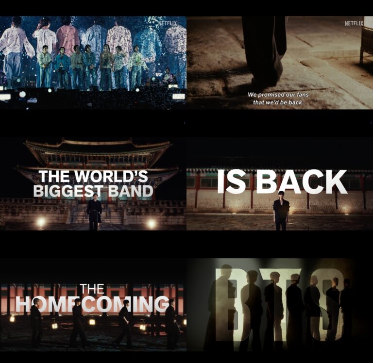 BTS Arirang Album Release teaser collage showing members performing, walking in Korean palaces, and silhouetted with “The Homecoming. BTS unveils the Arirang teaser video, blending concert energy with Korean heritage to highlight their powerful comeback.