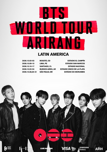 BTS Latin America tour poster for ARIRANG World Tour, showing members in black and white with tour schedule.