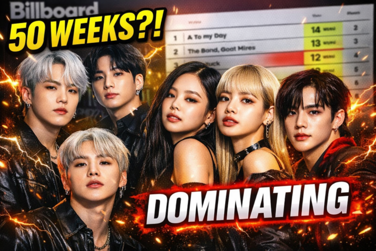 Three top K-pop groups dominate a fiery Billboard chart-themed thumbnail, with bold text reading “50 WEEKS?!” and “DOMINATING.”