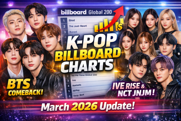 K-pop Billboard charts March 2026 thumbnail featuring BTS, IVE, NCT JNJM and chart graphics"