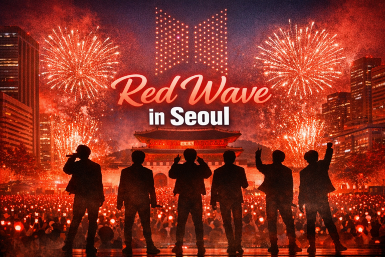 BTS comeback show 2026 at Gwanghwamun with silhouettes and red fireworks