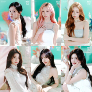 IVE members in elegant white and silver outfits with pastel aquatic backdrop, “DIVE into IVE” concept