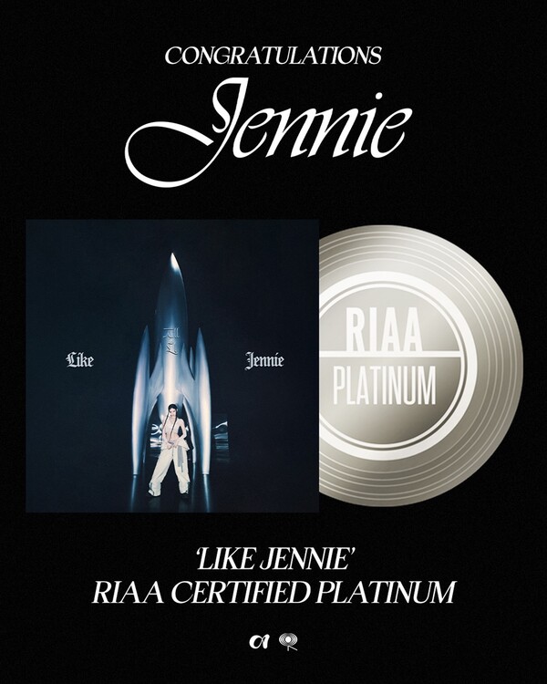 “Jennie Like JENNIE RIAA Platinum certification graphic with album cover and emblem.”
