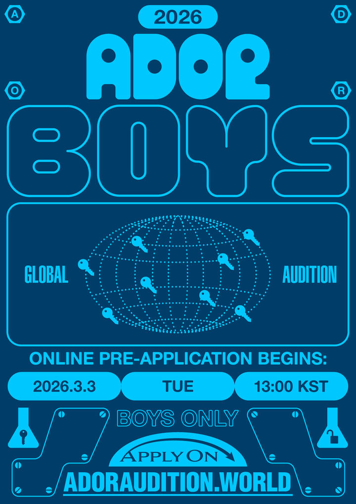 Futuristic blue poster announcing ADOR Boys Global Audition 2026.