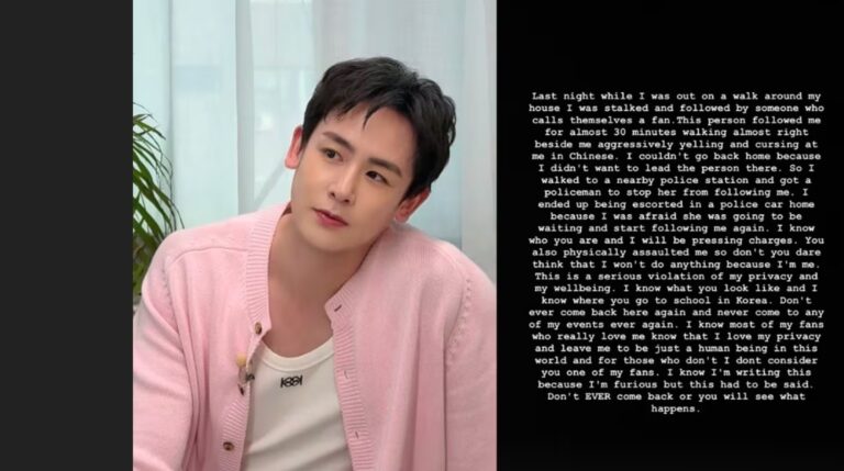 Nichkhun wearing a pink cardigan, seated indoors, alongside a statement about a stalking incident.