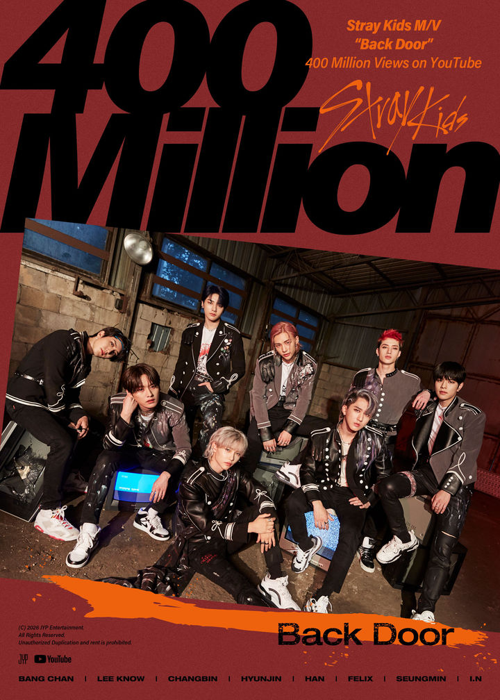 "Stray Kids Back Door music video poster celebrating 400 million YouTube views with all eight members in black outfits"