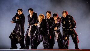 BTS Arirang album live stage performance in black outfits with dramatic smoke