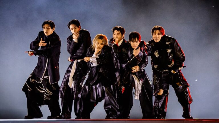 BTS Arirang album live stage performance in black outfits with dramatic smoke