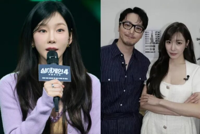 On the left, Taeyeon speaks into a microphone during a Sing Again 4 event, wearing a light purple cardigan. On the right, Tiffany stands beside her partner, both smiling warmly.