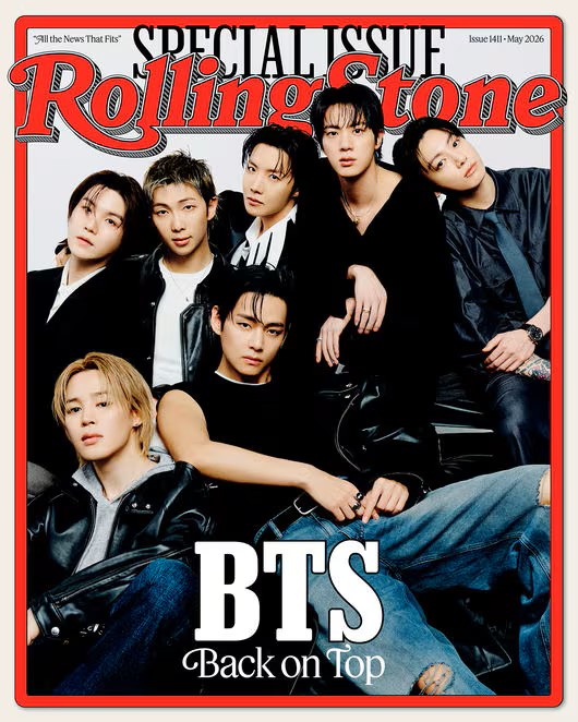 BTS featured on the Rolling Stone magazine cover, dressed in black leather outfits with the headline “Back on Top.”