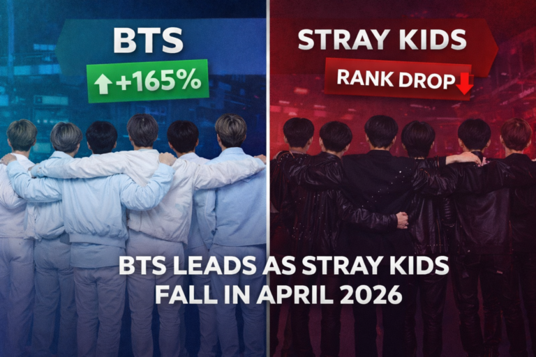 Rear-view thumbnail of BTS and Stray Kids with arrows showing ranking rise and drop in April 2026
