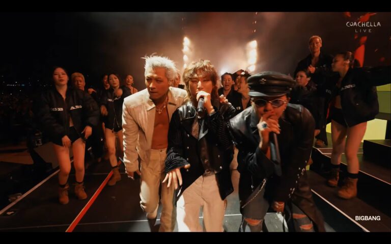 BIGBANG members perform up close with dancers during an energetic Coachella live stage.
