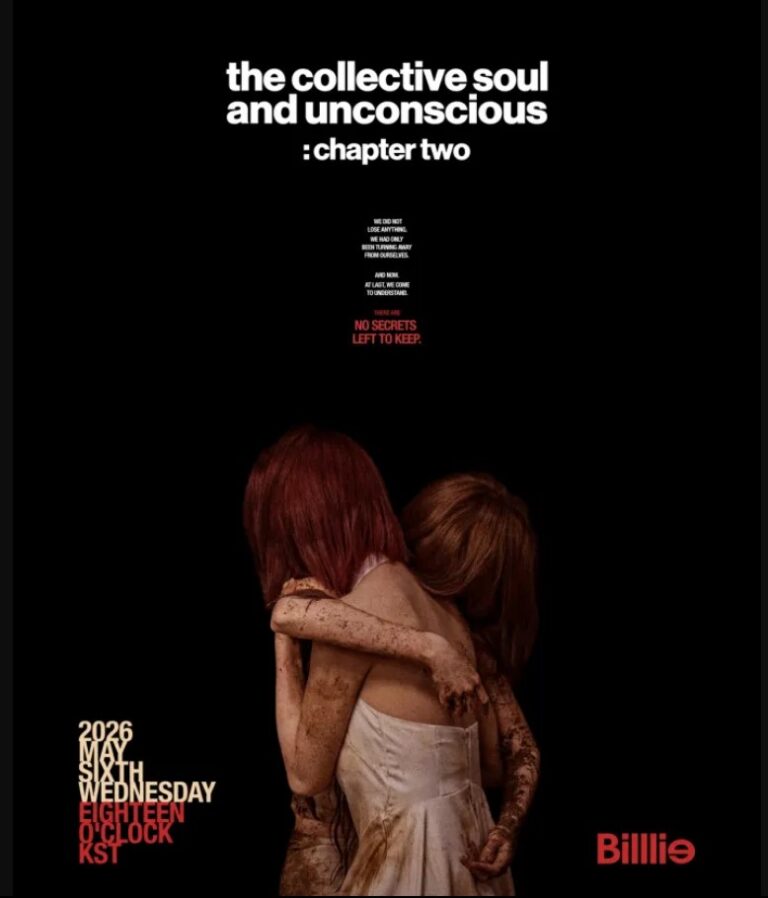 Two Billlie members embrace closely with mud-covered arms against a black background, featured in a dramatic poster for “the collective soul and unconscious: chapter two.”