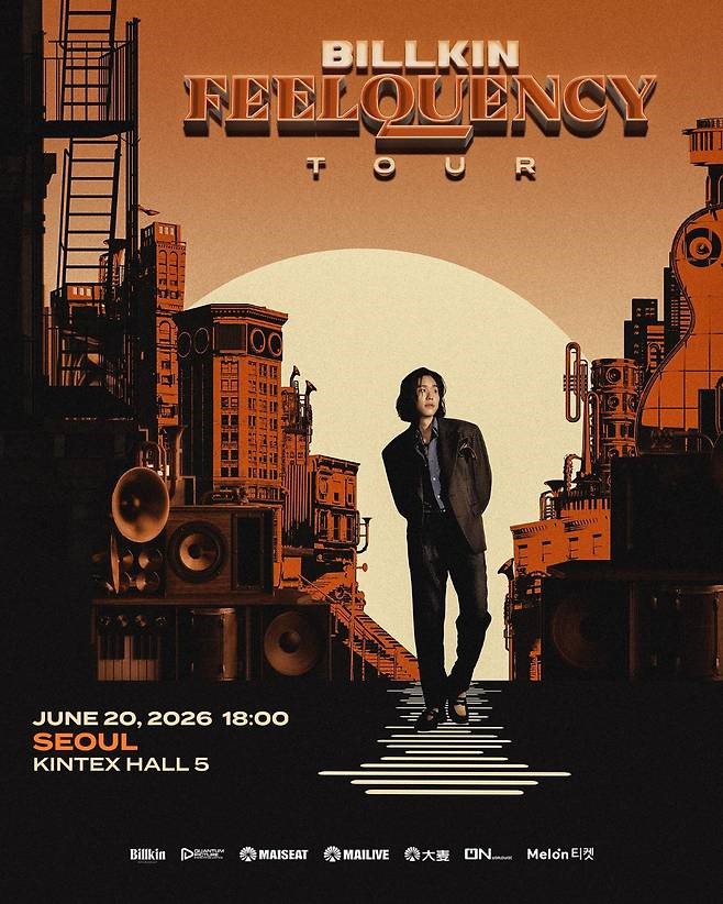 Concert poster for Billkin’s Feelquency Tour in Seoul, featuring him in a dark suit against a stylized cityscape of musical equipment with event details.