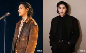 Thai star Billkin poses in promotional portraits, one in a casual leather jacket on stage and another in a sleek black suit, highlighting his dual artistic image.