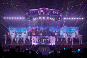 EXO ,embers perform on a stage in Seoul. 