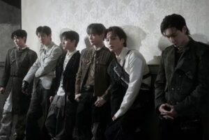 EXO members pose for a photo.