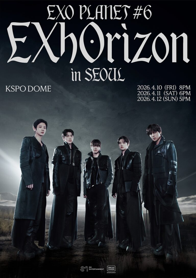 EXO concert poster for “EXO PLANET #6 EXhOrizon” in Seoul at KSPO Dome with members in dark outfits.