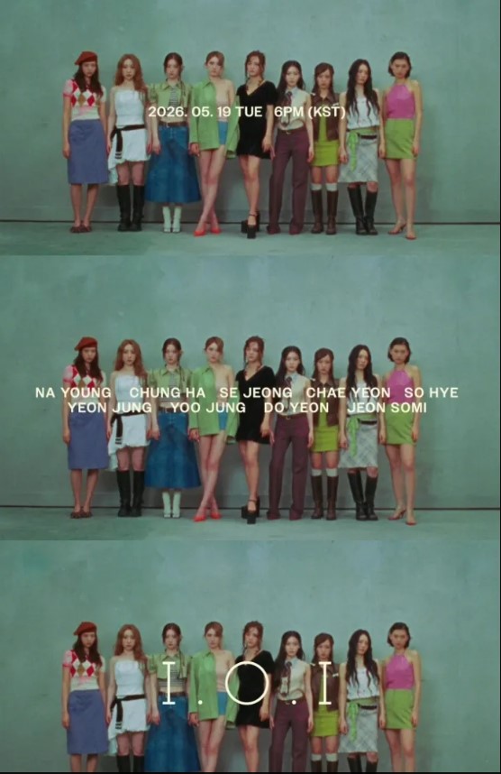 I.O.I members stand side by side in colorful outfits against a teal background with comeback date text.